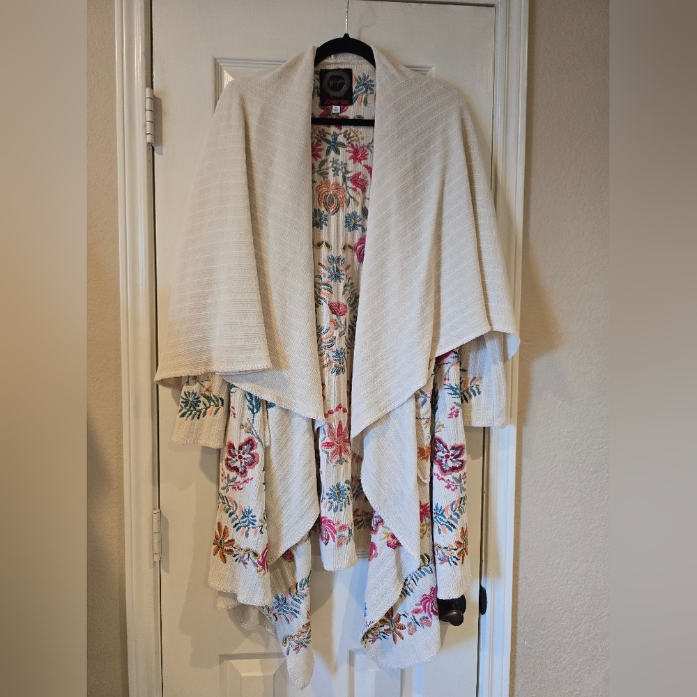 Johnny Was Biya Floral Embroidered Cream Long Cardigan Sweater Small